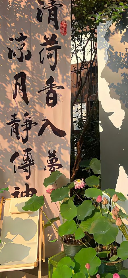 荷花绿叶粉花映衬书法卷轴暖金禅意古风手机壁纸
