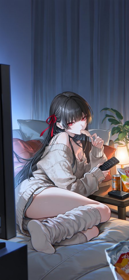 黑发红瞳少女居家吃零食蓝灰暖光动漫手机壁纸