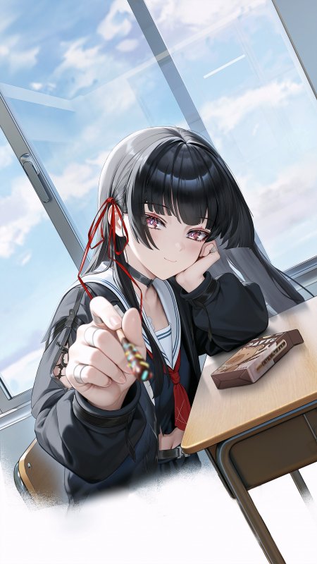 黑发红瞳少女教室托腮微笑蓝白动漫手机壁纸
