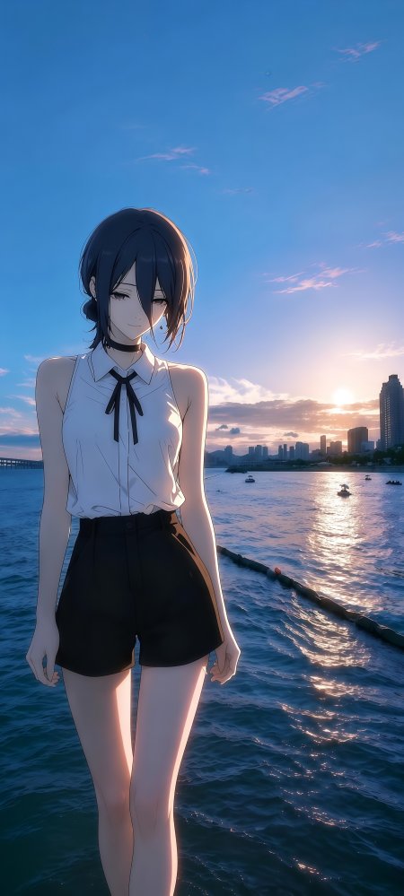 黑发少女白衬衫黑短裤海边夕阳蓝金动漫手机壁纸