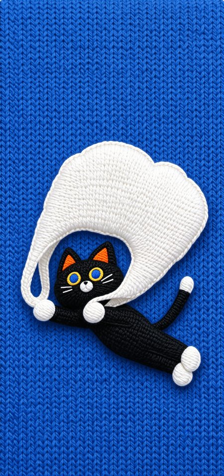 黑色猫猫针织玩偶戴白帽伸展蓝底创意插画手机壁纸
