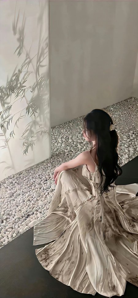 黑长发美女侧坐白石竹影旁灰金古风人物摄影手机壁纸