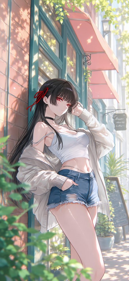 黑长直红瞳少女白衫牛仔短裤街角倚墙暖光动漫手机壁纸
