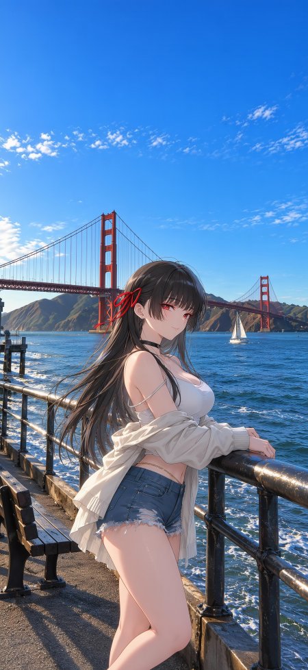 黑长直少女结金门大桥海景蓝白动漫手机壁纸