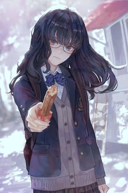 黑长直眼镜少女递巧克力棒紫灰动漫手机壁纸