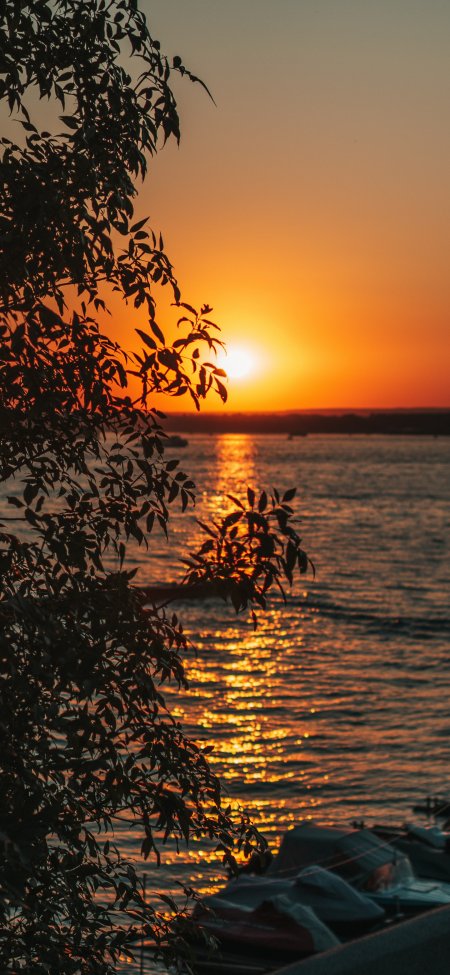 湖畔夕阳余晖洒满水面橙金自然风景手机壁纸