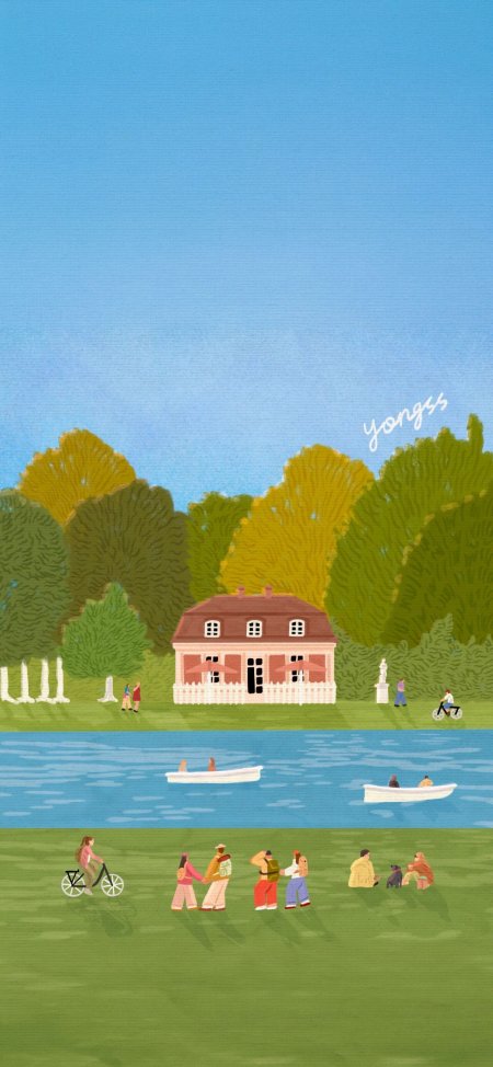 湖畔小屋绿树环绕蓝天碧水创意插画手机壁纸