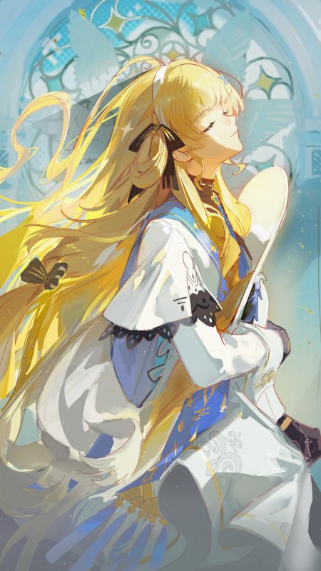 金发双马尾少女闭眼微笑蓝白梦幻动漫手机壁纸