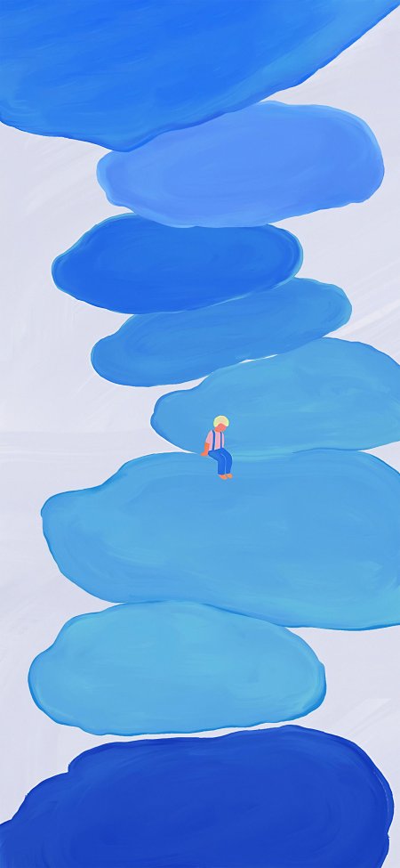 蓝调云层间金发男孩静坐浅蓝渐变插画手机壁纸