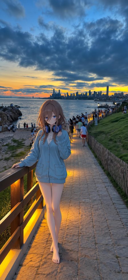 蓝衣耳机动漫少女海边步道黄昏暖金插画手机壁纸