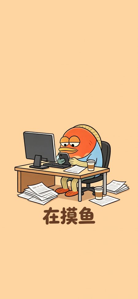 摸鱼小鱼办公桌前刷手机橙蓝暖调卡通手机壁纸