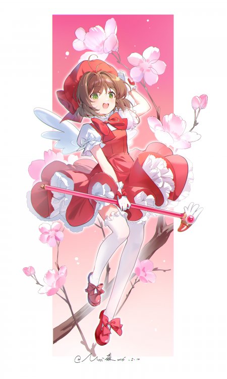 魔卡少女樱小樱红裙持杖樱花纷飞粉紫动漫手机壁纸