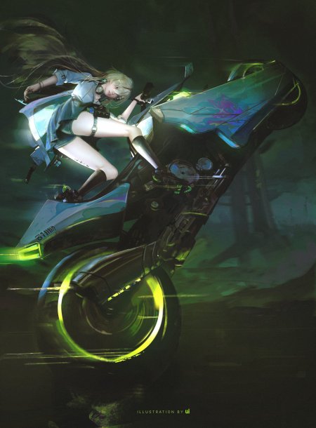 赛博朋克少女骑乘霓虹摩托疾驰暗绿科幻动漫手机壁纸