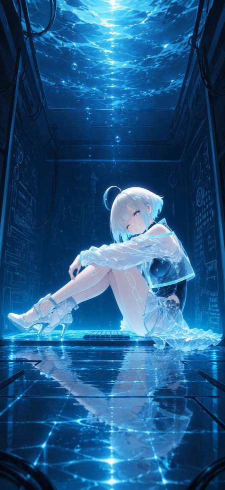 赛博水下少女银发蓝瞳透明衣装科技感蓝光动漫手机壁纸