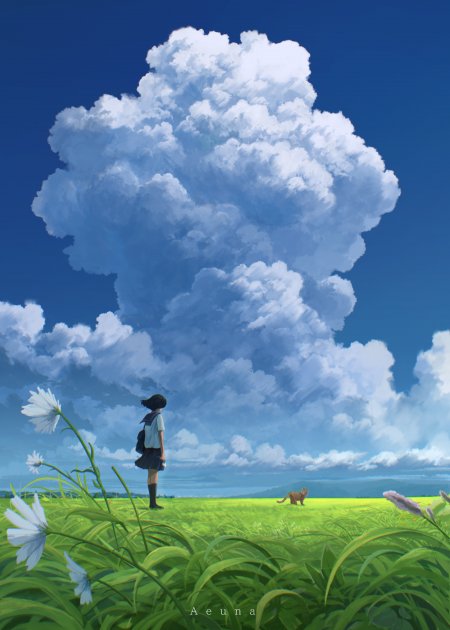 少女校服背影望巨云绿野白花蓝空动漫手机壁纸
