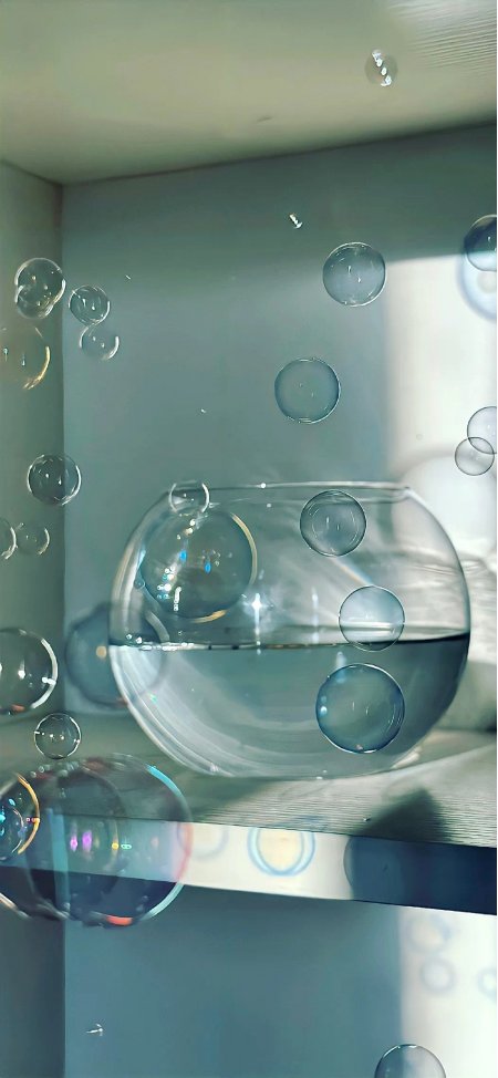 透明玻璃鱼缸气泡漂浮蓝灰静物特写手机壁纸