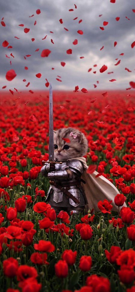 小猫骑士持剑立于花海灰云飘瓣暗红奇幻插画手机壁纸