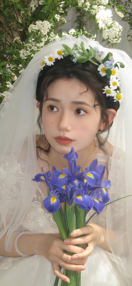 新娘白纱花环手持蓝鸢尾花清新柔美人物摄影手机壁纸