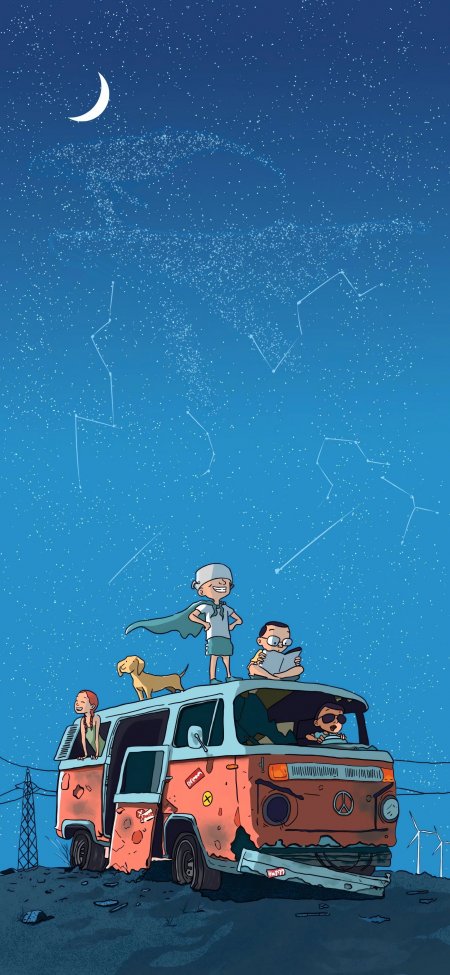 星空下破旧面包车上的四个孩子与小狗蓝紫梦幻插画手机壁纸