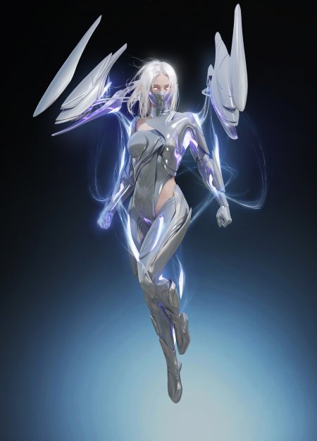 银发机械少女紫蓝光效科幻未来感动漫手机壁纸