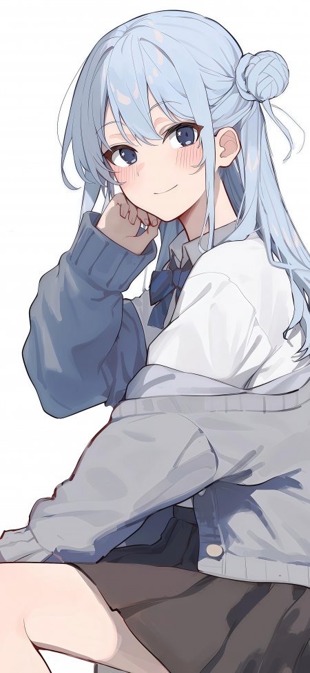银发蓝瞳少女托腮微笑淡蓝灰调动漫手机壁纸