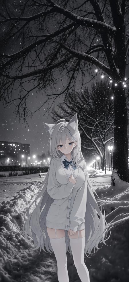 银发猫耳少女雪夜树下伫立蓝灰动漫手机壁纸