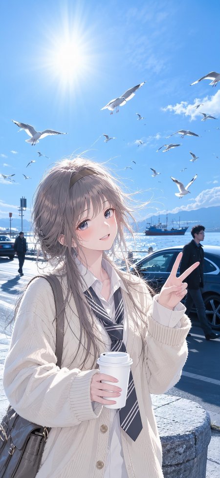 银发少女海边比耶手持咖啡杯蓝白清新动漫手机壁纸