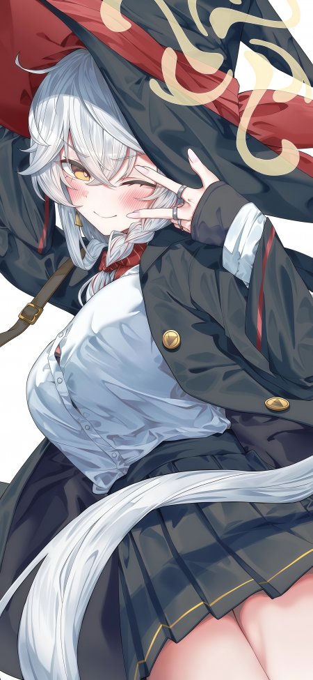 银发少女手势红黑斗篷蓝白校服粉紫动漫手机壁纸