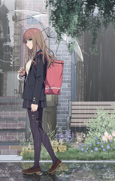 雨中撑伞棕发绿眼少女校服背包街景清新动漫手机壁纸