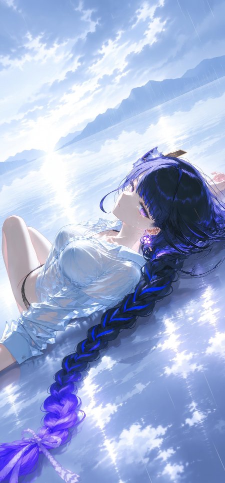 原神雷电将军紫蓝长辫少女湖面仰卧蓝白唯美动漫手机壁纸