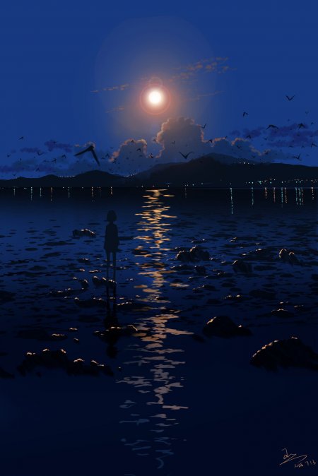 月光洒落海面少女伫立礁石蓝紫插画手机壁纸