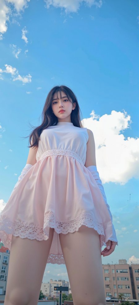 长发美女白粉蕾丝裙蓝天白云下站立暖粉人物摄影手机壁纸