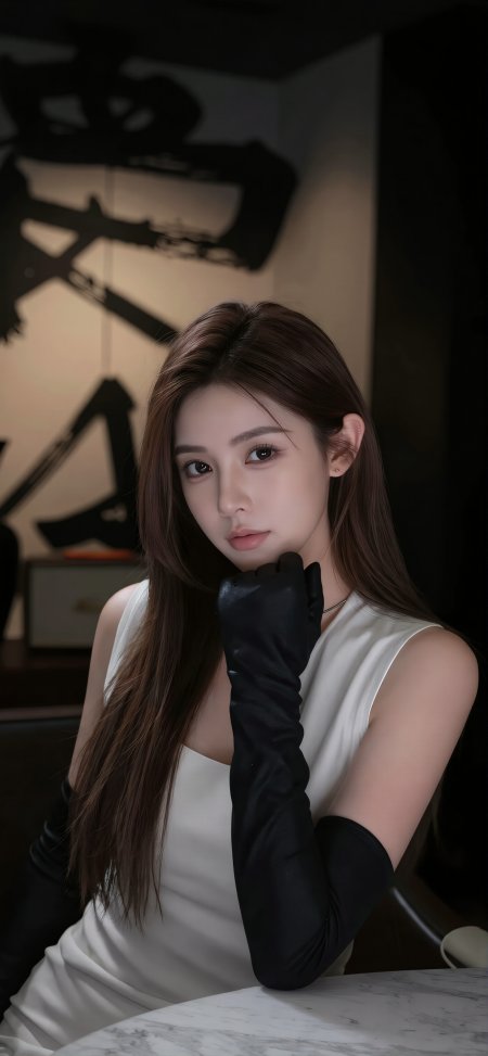 长发美女白裙黑手套优雅坐姿暖调人物摄影手机壁纸