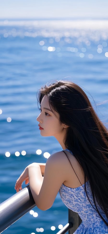 长发美女蓝白碎花裙倚栏望海蔚蓝人物摄影手机壁纸