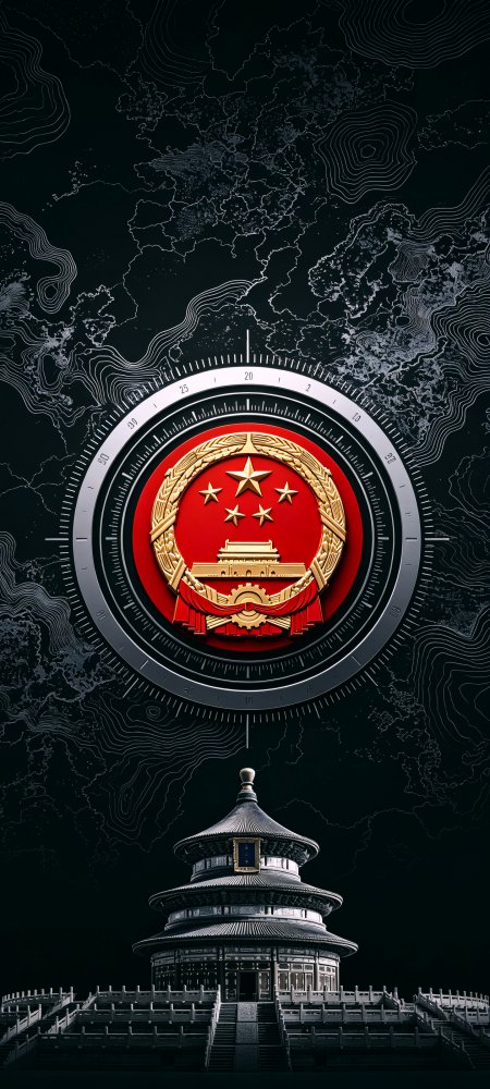中华人民共和国国徽天坛建筑黑白线稿背景红金庄严人文风土手机壁纸