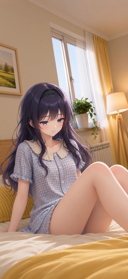 紫发蓝眸少女格子睡衣卧室暖光动漫手机壁纸