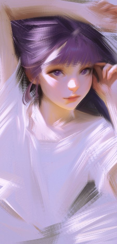 紫发少女轻抚发梢淡紫柔光动漫手机壁纸