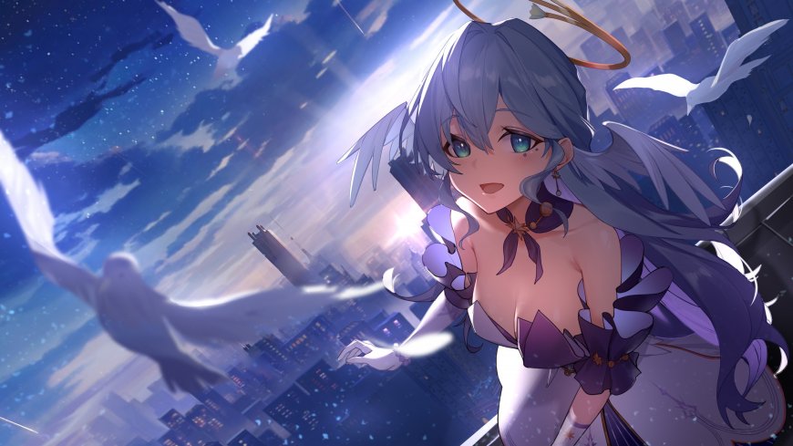 《崩坏星穹铁道》知更鸟少女蓝发绿眸白鸽环绕城市夜空蓝紫动漫电脑壁纸
