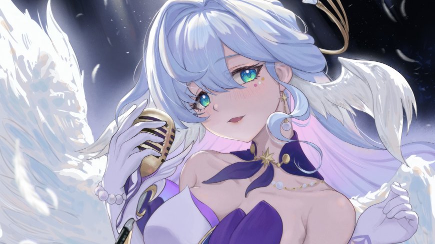 《崩坏星穹铁道》知更鸟银发蓝眸持麦克风紫白服饰天使羽翼动漫电脑壁纸
