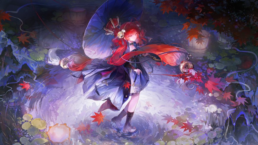 《鸣潮》溯明红发少女持伞踏水枫叶飘落紫蓝梦幻动漫电脑壁纸