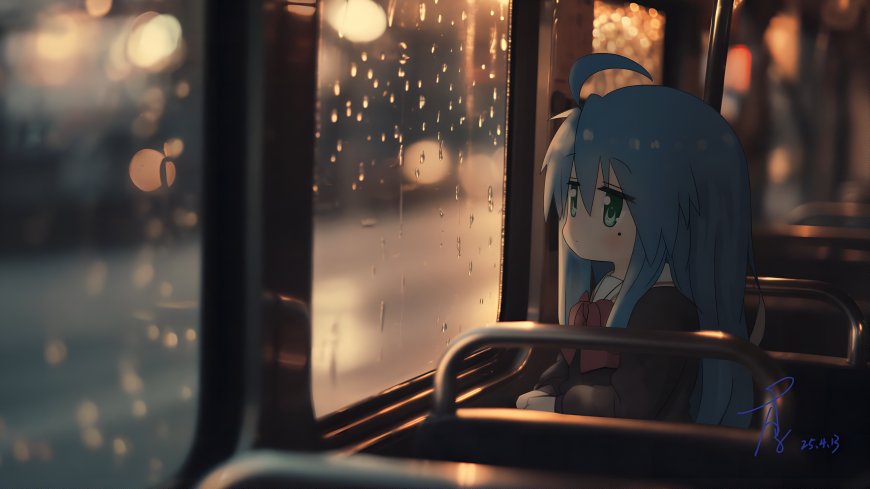 动漫角色蓝发绿眼少女雨夜公交窗边凝望暖金情感文艺电脑壁纸
