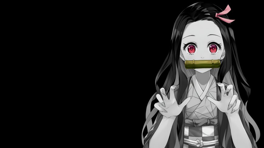 鬼灭之刃灶门祢豆子红瞳竹筒少女黑白动漫电脑壁纸