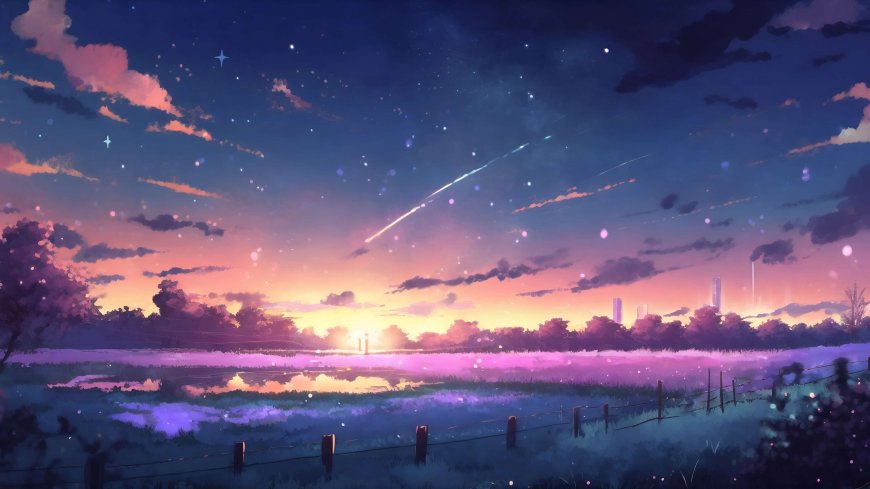 星空流星划过紫霞田野梦幻粉紫风景电脑壁纸