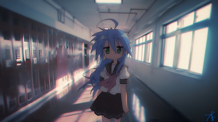 幸运星泉此方蓝发绿眼校服少女走廊光影蓝紫动漫电脑壁纸