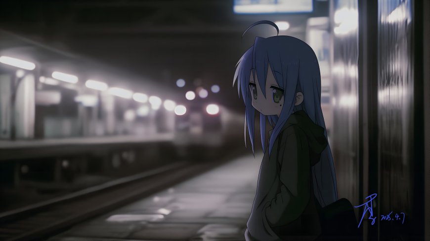 长发蓝瞳少女地铁站台夜景暗蓝动漫电脑壁纸