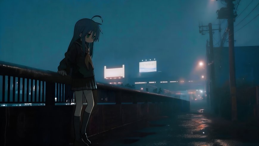 长发绿眸少女雨夜桥边伫立蓝调动漫电脑壁纸
