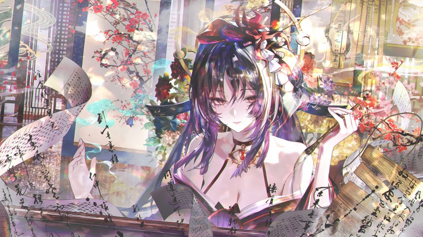 紫发红瞳持卷轴樱花环绕古风唯美少女动漫电脑壁纸