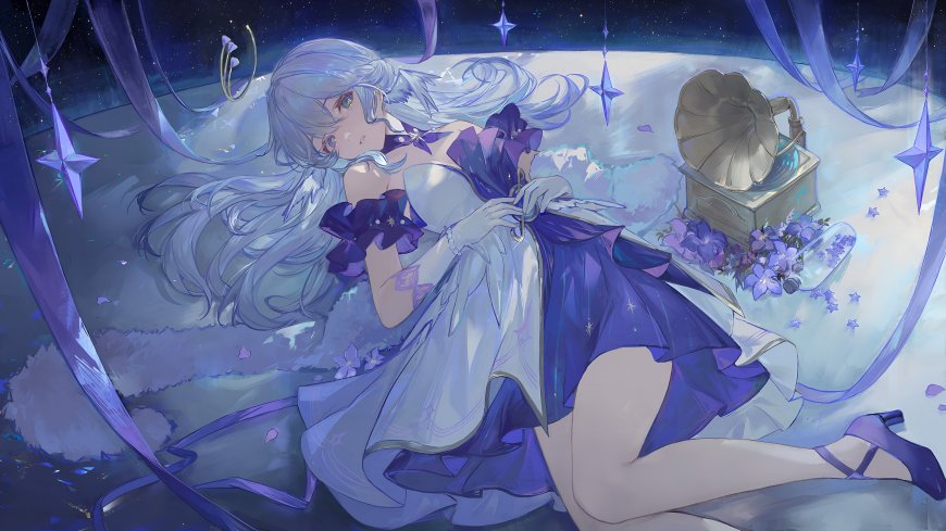 《崩坏星穹铁道》知更鸟蓝发紫裙星夜躺卧梦幻蓝紫动漫电脑壁纸