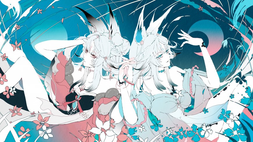 《鸣潮》双生优雅白发狐耳少女花瓣飞舞蓝粉梦幻动漫电脑壁纸