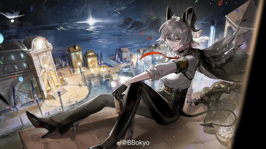 《鸣潮》赞妮银发猫耳少女夜景城市俯瞰蓝紫动漫电脑壁纸